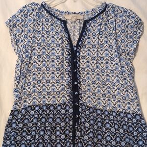 LOFT Blue and White Floral Button-Front Cap Sleeve Blouse